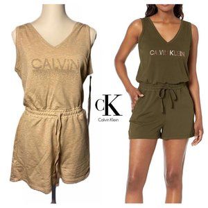 NWT $59 CALVIN KLEIN women M Everyday V-neck Sleeveless LOGO Gold Bling Romper